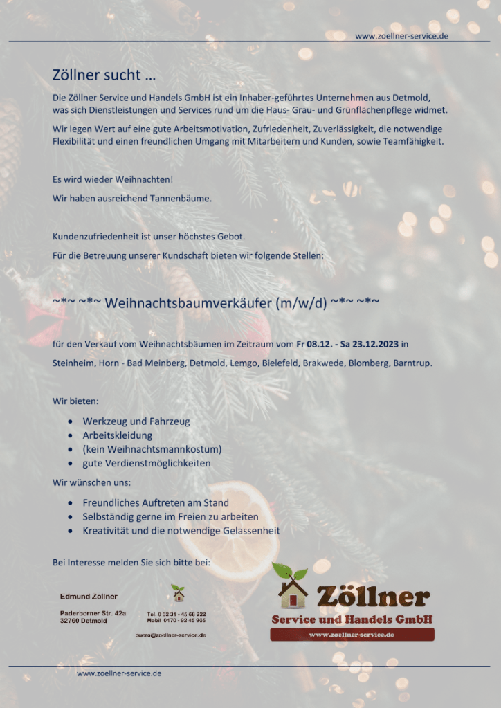 2023.11.24 - Stellenanzeige - Zöllner Service - Weihnachtsbaumverkäufer