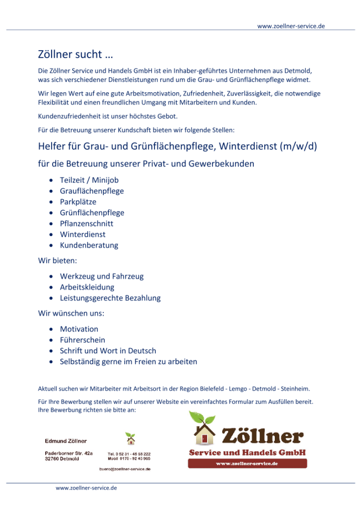 2023.11.30 - Stellenanzeige - Zöllner Service - sucht Helfer für Grau und Grünflächen Winterdienst